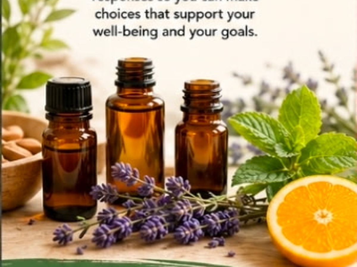 Amber wellness bottles, herbs, lavender and citrus